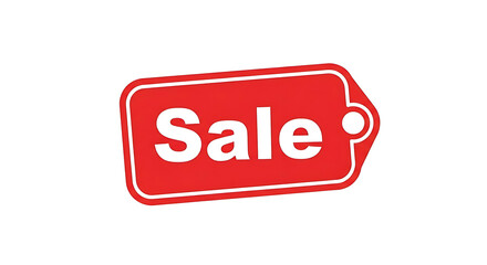 A red sale tag with white text on a plain background