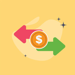 Money transfer icon. Cost of dollar with arrow down and up. Coin of dollar with loss or growth. Increase and low of revenue.