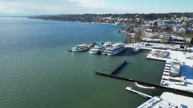 view of the port of starnberger see in bavaria germany winter landscape 4k