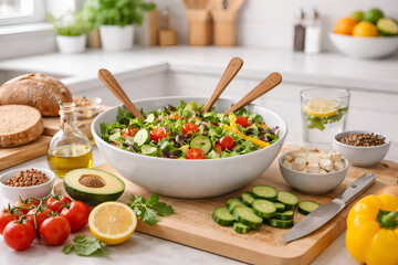 Fresh Homemade Vegetable Salad with Ingredients on Modern Kitchen Counter