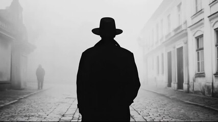 A mysterious figure in a foggy, deserted urban street.