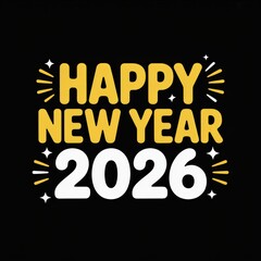 Happy New Year 2026 Celebration Graphic With Bold Golden Text And Festive Swirls
