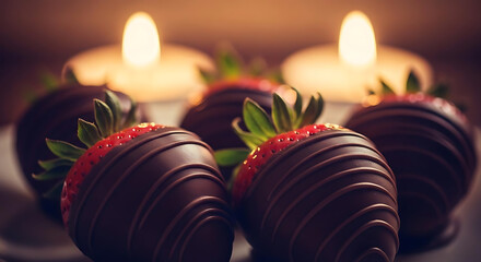 A plate of delicious chocolate covered strawberries with lit candles in the background