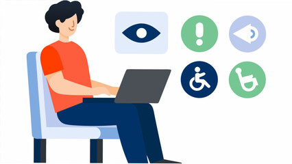 Man using laptop with accessibility symbols nearby