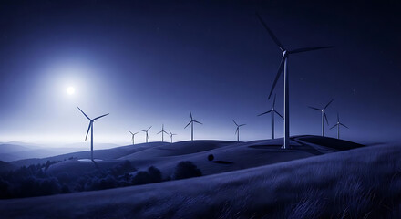A serene landscape of wind turbines standing tall under a moonlit night sky