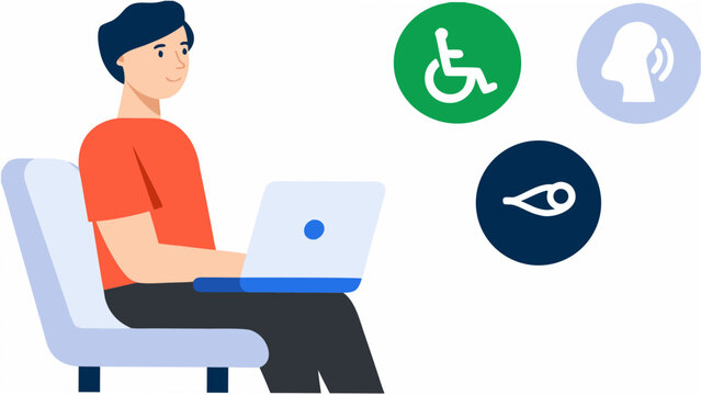 Man using laptop with accessibility symbols nearby