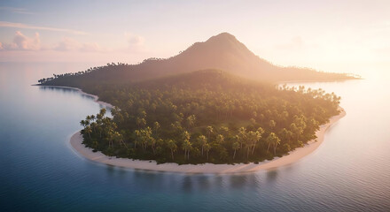 A serene island paradise with lush green trees and a mountain peak at sunset