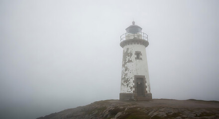 A weathered lighthouse stands on a rocky outcrop shrouded in a thick foggy atmosphere.