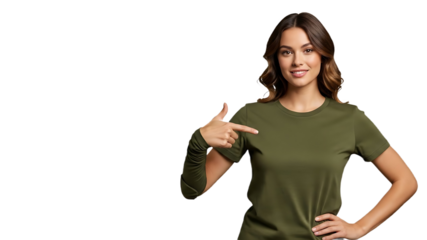 A young woman pointing and smiling in a green t-shirt against a black background