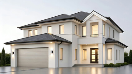A white modern house rising from a hill into the blue sky with clear windows and a clean urban design