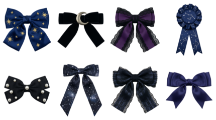 Gothic hair bow set including celestial, lace, velvet, and satin styles isolated. Dark aesthetic fashion accessories and celestial ornaments.