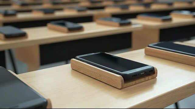 Smartphones resting on wooden stands in a modern classroom setup.
