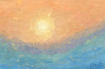 Abstract water background with  sun in impressionist style  Color illustration for your design. Hand-drawn drawing.