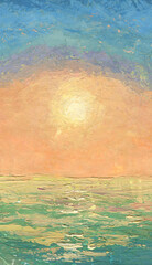 Abstract water background with  sun in impressionist style  Color illustration for your design. Hand-drawn drawing.