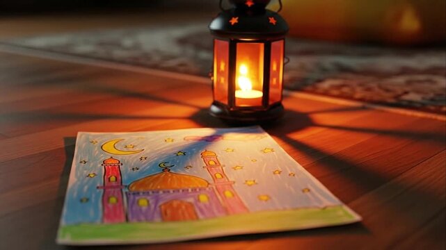 Lit candle lantern and drawn image on wooden surface