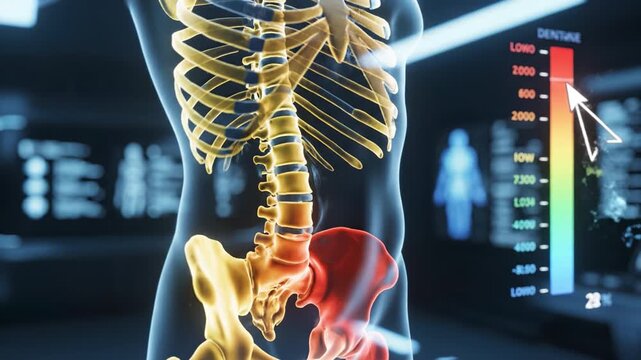 Human torso skeleton x ray visualization with transparent medical skeleton and 3D medical illustration highlighting lumbar spine, hip, pelvis, ribcage, bone anatomy and clinical digital diagnostic