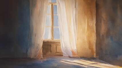 カーテン越しの朝日と窓 室内風景の水彩イラスト 背景素材