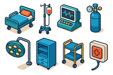 Pixel Art Medical Equipment Set Featuring Hospital Bed IV Drip Monitor and Oxygen Tank