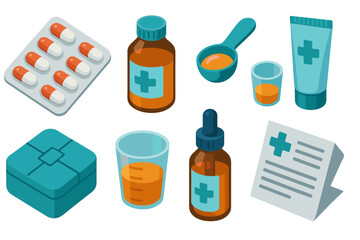 Pixel Art Medical Supplies Pill Bottle Dropper And Box On Black Background