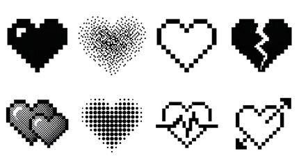 Pixel art heart set including solid, halftone, broken, cupid, and heartbeat variations isolated. Retro gaming and digital romance collection.