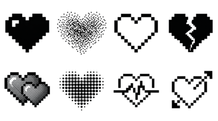 Pixel art heart set including solid, halftone, broken, cupid, and heartbeat variations isolated. Retro gaming and digital romance collection.