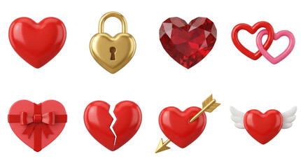 Red heart set including golden lock, ruby gemstone, interlocking rings, gift box, broken, arrow, and wings variants isolated. Valentine day and romantic love collection.