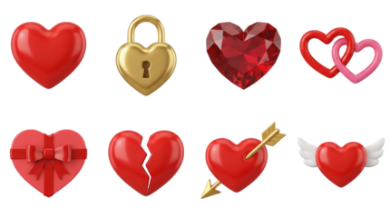 Red heart set including golden lock, ruby gemstone, interlocking rings, gift box, broken, arrow, and wings variants isolated. Valentine day and romantic love collection.