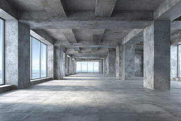 Empty unfinished concrete building interior with large windows and natural light creating spacious industrial atmosphere, featuring concrete pillars and ceiling beams