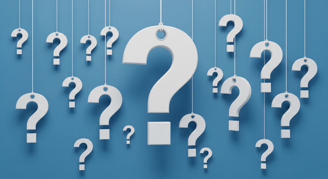 A collection of white question marks hanging on strings against a blue background - Powered by Adobe