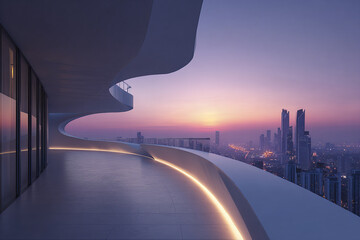 Modern architectural sky deck with smooth curved balcony and glowing LED lighting at sunset overlooking city skyline with tall buildings and soft purple sky