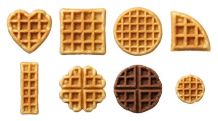 Assorted waffle set including heart, square, circle, chocolate, and bite-sized shapes isolated. Breakfast food and bakery snack collection.