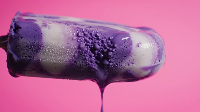 Melting purple and white popsicle on a stick with condensation and dripping liquid against a vibrant pink background