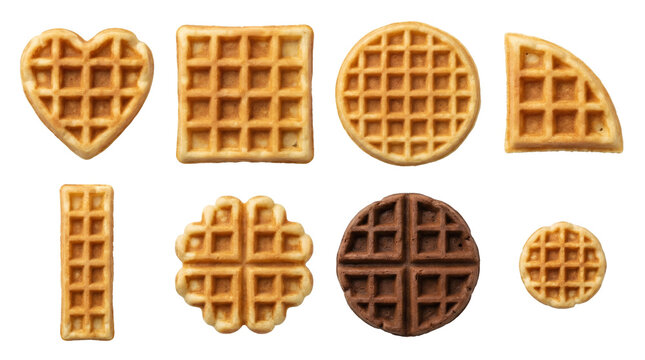 Assorted waffle set including heart, square, circle, chocolate, and bite-sized shapes isolated. Breakfast food and bakery snack collection.