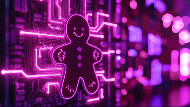 A neon gingerbread man against a circuit board backdrop.
