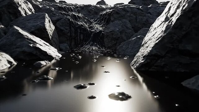 Viscous tar adheres to jagged rock formations in a dark, reflective liquid landscape