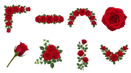 Red rose set including corners, borders, arches, clusters, and single bloom variants isolated. Floral design elements for wedding and romance decor.