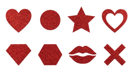 Red glitter shape set including hearts, circle, star, diamond, hexagon, lips, and cross isolated. Decorative craft and holiday embellishments.