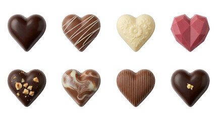 Fototapeta premium Heart shaped chocolate candy set including dark, milk, white, ruby, and marbled truffles isolated. Gourmet confectionery and Valentines Day dessert collection.