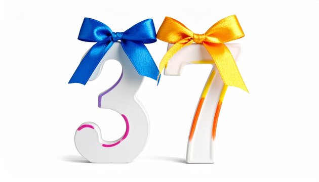 Number 37 wrapped with a festive ribbon on a white background. Photo for birthday or anniversary party