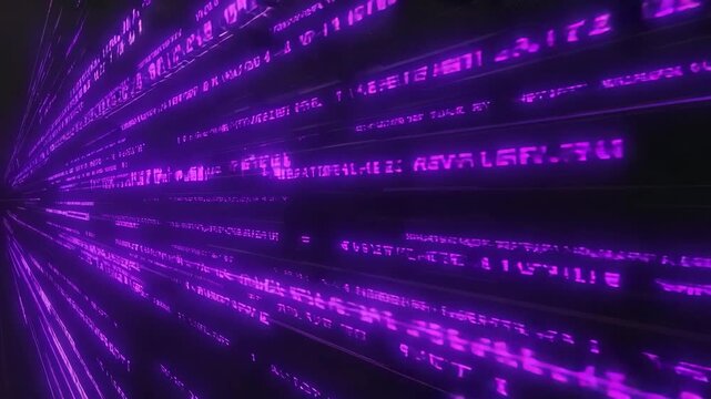 Abstract digital data stream flowing through cyberspace with purple light.