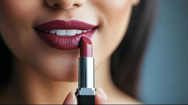 Close-up of a woman applying deep red lipstick, showcasing beauty and elegance.