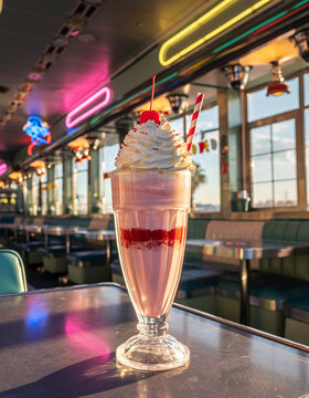 Classic strawberry milkshake in retro 50s diner setting
