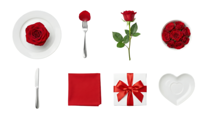 Valentine's day flat lay set including red rose, petal, gift box, napkin, plate, and cutlery isolated. Romantic dinner and anniversary celebration collection.