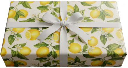 Gift wrapped with lemon pattern paper and white ribbon