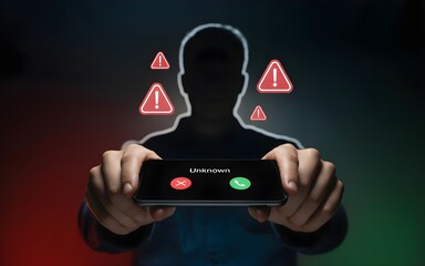 Anonymous Person Receiving Suspicious Phone Call with Warning Alert Icons