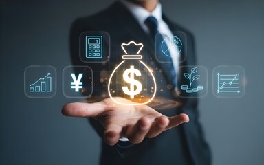 Businessman Holding Glowing Digital Money Bag with Financial Icons and Growth Symbols