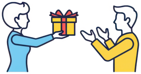 Woman giving yellow gift box to man cartoon illustration