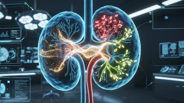 Advanced medical visualization of paired human kidney anatomy with illuminated renal artery and branching nephrons, dynamic blood flow highlights and glowing filtration pathways clinical