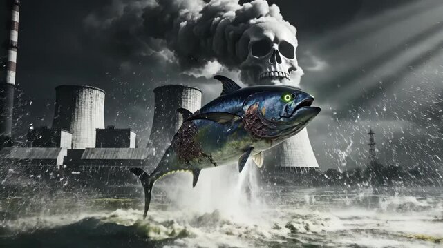 Mutated fish with glowing eyes jumping from polluted water near industrial cooling towers. Concept of environmental disaster
