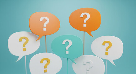 Colorful speech bubbles with question marks symbolize confusion and inquiry
